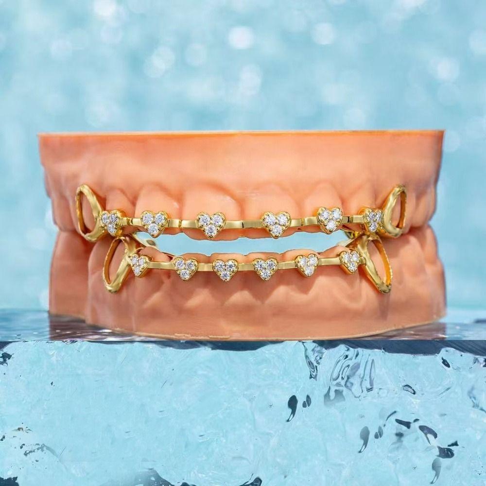 rhinestone Charm Teeth Grillz Double Glossy Love Drill Braces Men Women Jewelry Tooth Socket