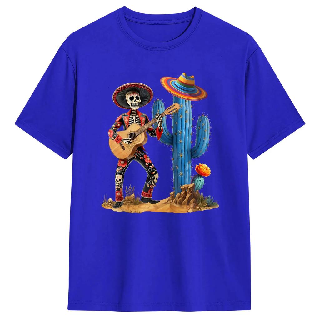 Skeleton Cinco De Mayo Mariachi Fiesta Cactus Guitar Unisex T Shirts Hipster Tees Short Sleeve Round Collar TShirts 6XL Clothes