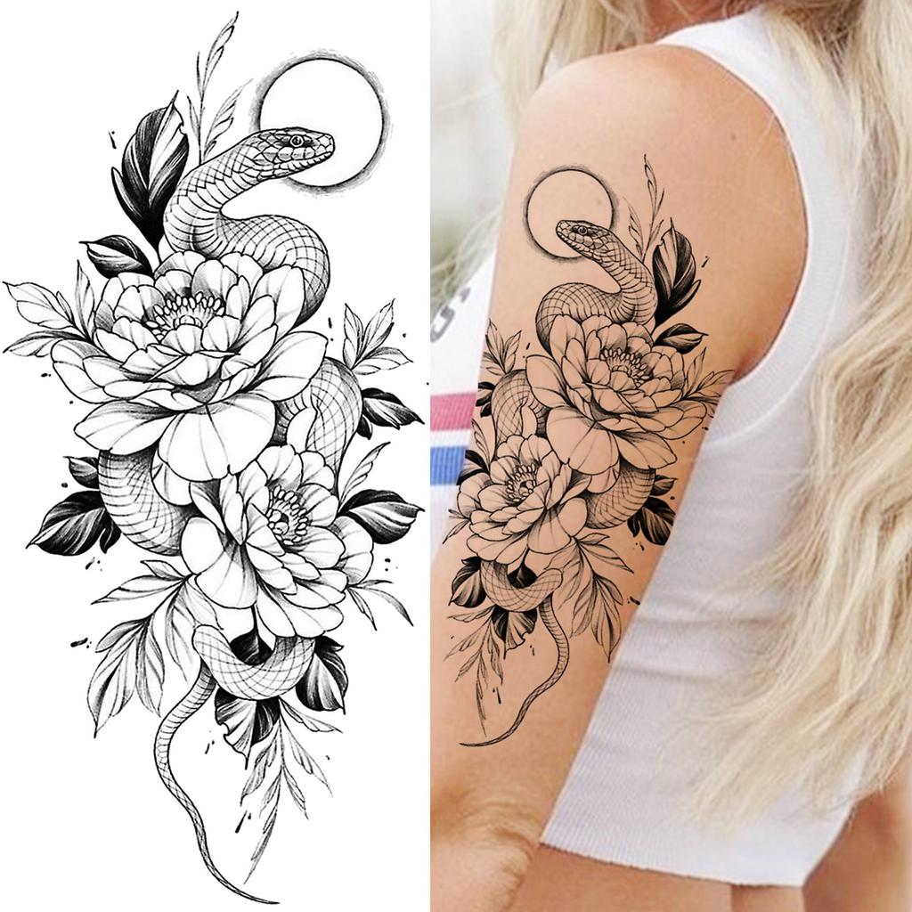1 Sheet Snake Temporary Tattoos For Women Men Arm Leg Forearm Body Adults Rose Fake Flower Tattoo Sticker Waterproof Covers Up