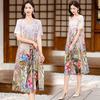 Summer short-sleeved cotton and silk printed dress, ethnic temperament, loose and thin color, covering meat mother medium and long dress
