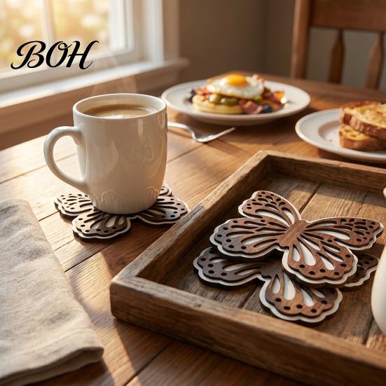 Durable Coasters for Tea Room Turtle/Butterfly Wooden Coffee Mugs And Cups, Heat Resistant Decorative Carved Wood Pads Table Mats, Insulation Pad Home