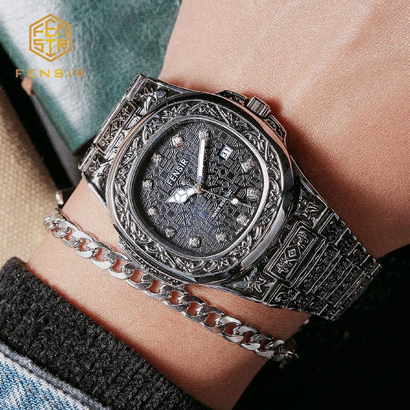 Весна 2025 Новые Мужские Роскошные Деловые Наручные часы из нержавеющей стали Винтажные Часы с кварцевым механизмом с резными узорами для мужчин Relogio