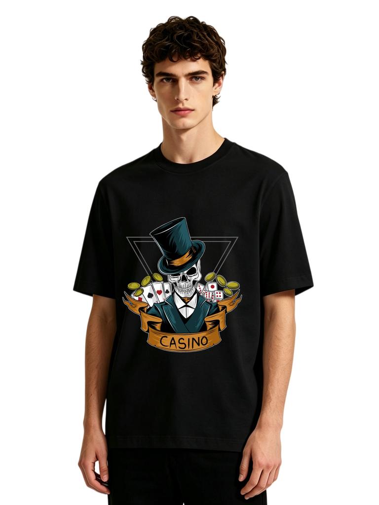 Mens Casino Skeleton Gentleman Graphic Tshirt Retro Gambling Print Casual Short Sleeve Pink Cotton Tee
