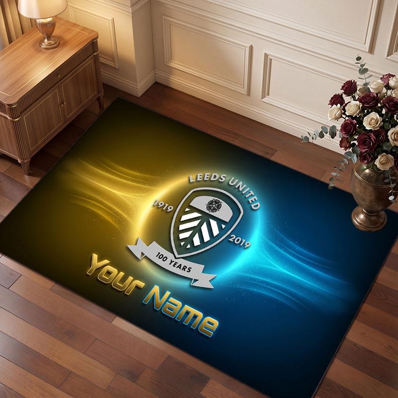 Leeds United Custom Crystal Velvet Rug, Personalized Name Text Print, Football Logo Soft Non‑Slip Floor Mat Home Decor Gift