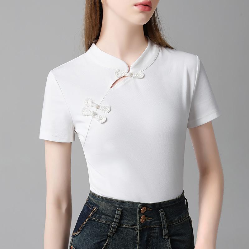 Новый китайский стиль с наклонной планкой и воротником-стойкой, новая женская одежда, футболка с короткими рукавами и воротником-стойкой в китайском стиле для женщин