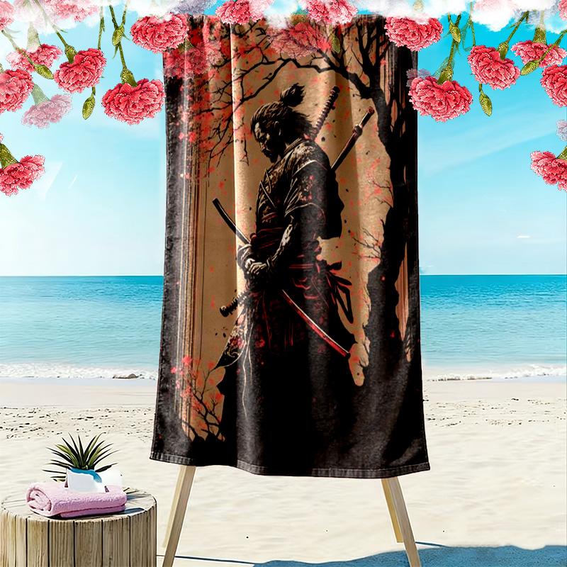 Japanese Samurai Print Beach Towel, Large Soft Quick Dry Towel for Beach Camping Swimming