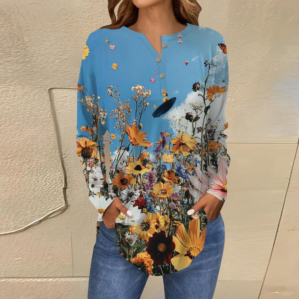 Модная свободная футболка с длинным рукавом и цветочным принтом на пуговицах, топ-пуловер