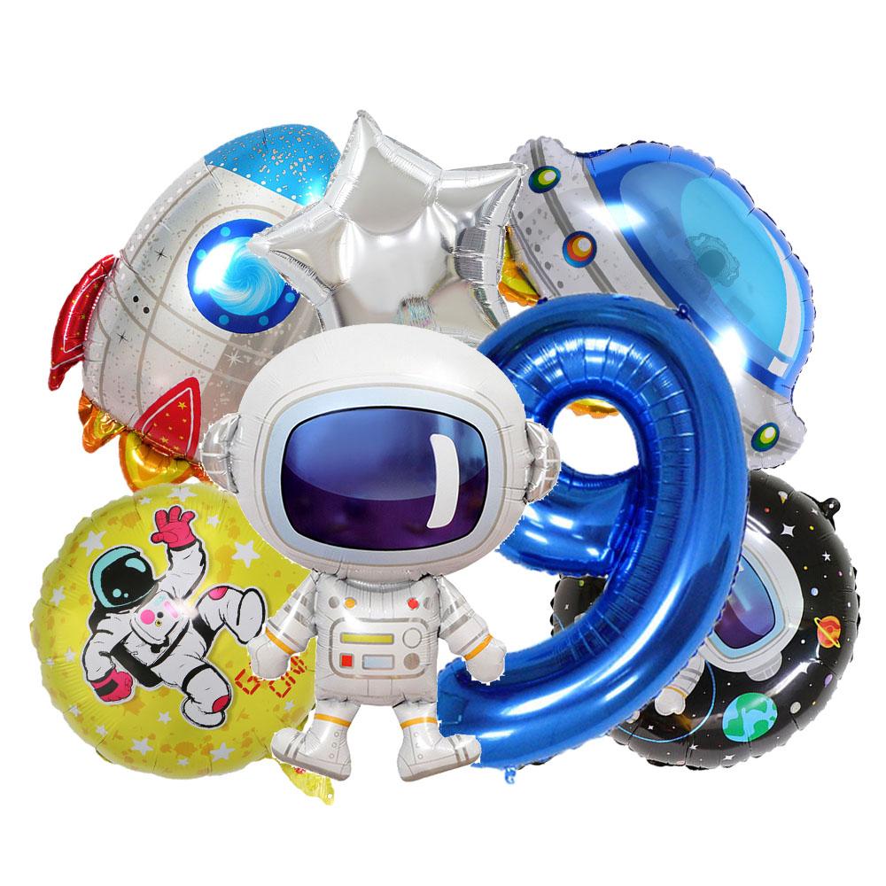 7 Pcs Rocket Astronaut Foil Balloon Universe Outer Space Theme 0-9 Years Old Children Boys Birthday Party Decoration Baby Shower