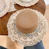 Flat Top Lace Floral Brim Cap Japanese Style Women's Sun Hat Simple Straw Woven Top Hat  Beach