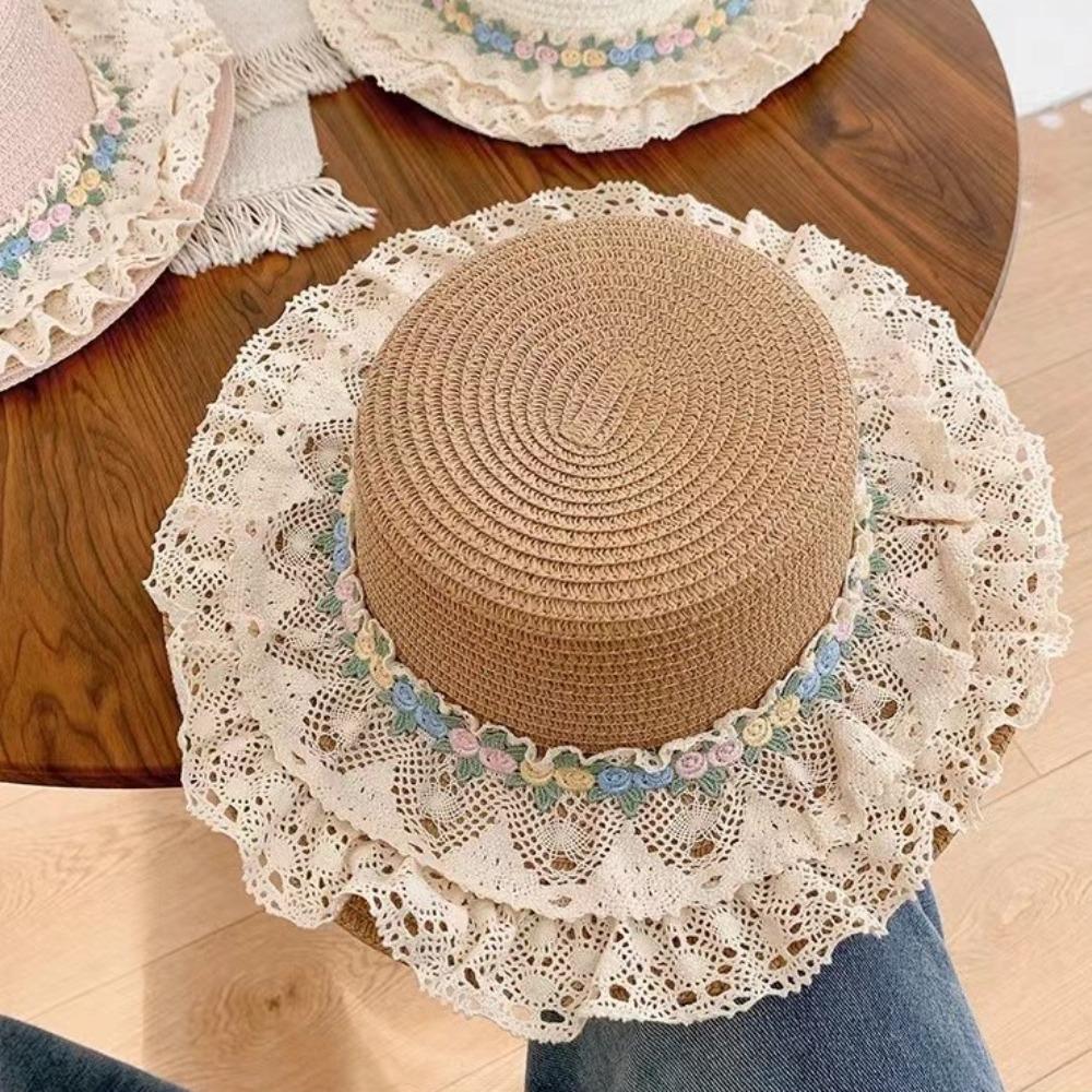 Flat Top Lace Floral Brim Cap Japanese Style Women's Sun Hat Simple Straw Woven Top Hat  Beach