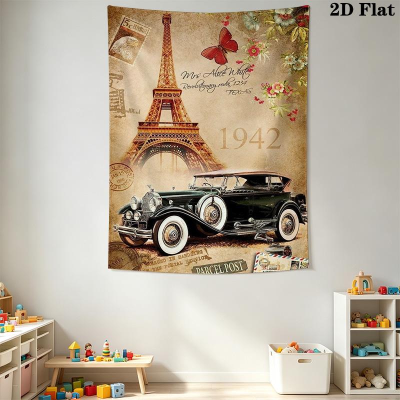 Eiffel Tower and Vintage Car Pattern Home Decor Tapestry, Wall Hanging, Decorative RV Wall Cloth.MGT0918227