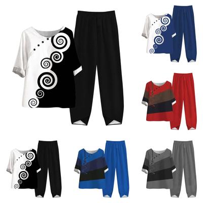 Женские летние топы с короткими рукавами и принтом, эластичная талия, брюки из девяти предметов, комплект из двух предметов