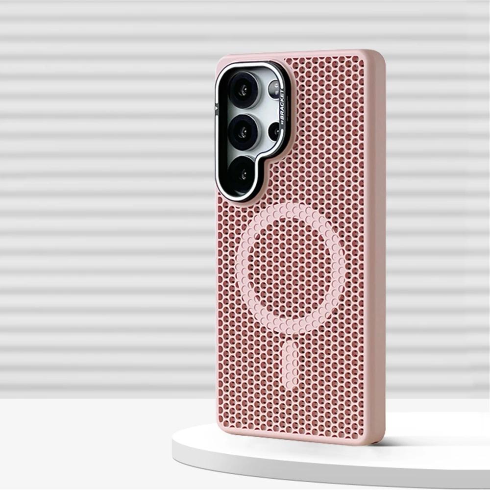 Магнитный бампер с сотовой сеткой для охлаждения для Samsung Galaxy S2 Ultra S24 S23 Plus, кронштейн для объектива из сплава, крышка для беспроводной зарядки