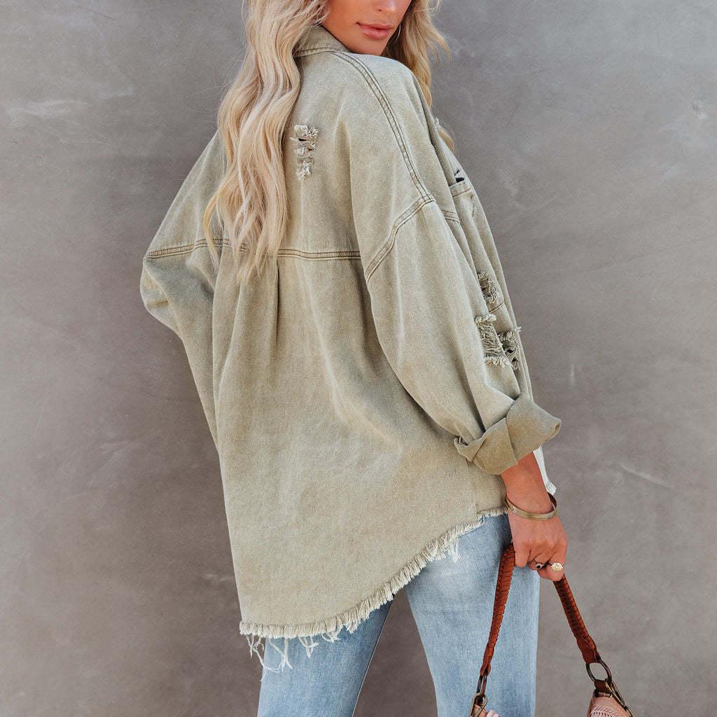 Autumn Women's Casual Denim Coat Versatile Women's Shirt Ragged Edge Hole Denim Coat Women