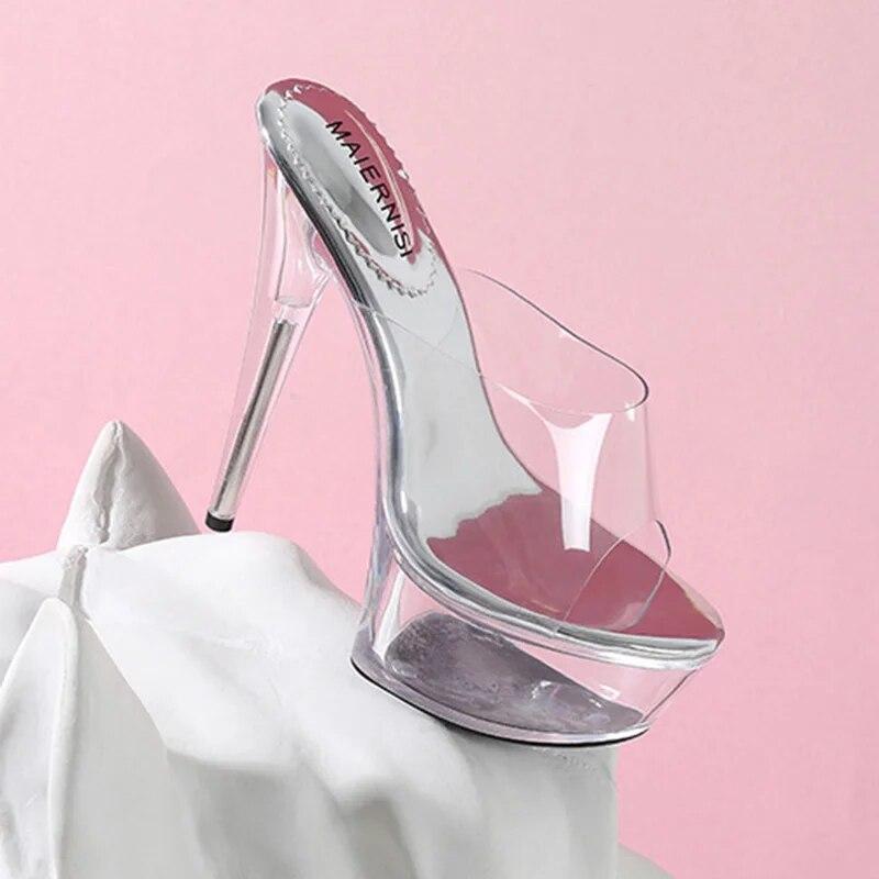 Женские туфли на шпильке, прозрачные сексуальные тапочки с неглубоким горлом и кристаллами, каблук 15 см, платформа 5 см, WZ