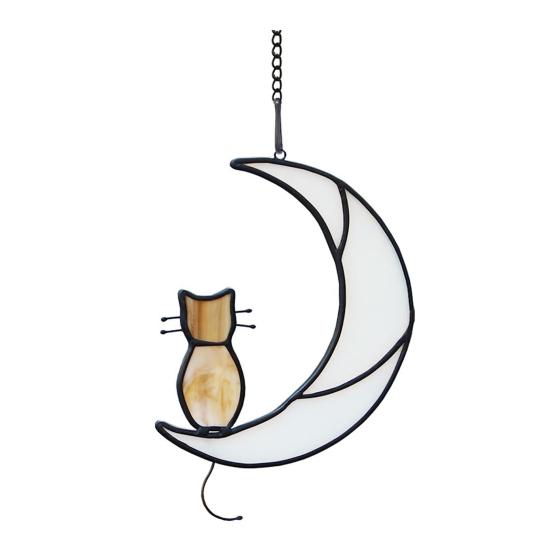 Cat On Moon Hanging Ornament Stained Glass Window Hanging Suncatcher Acrylic Panel Wall Art Memorial Gift for Women Wife Mom Cat Lovers