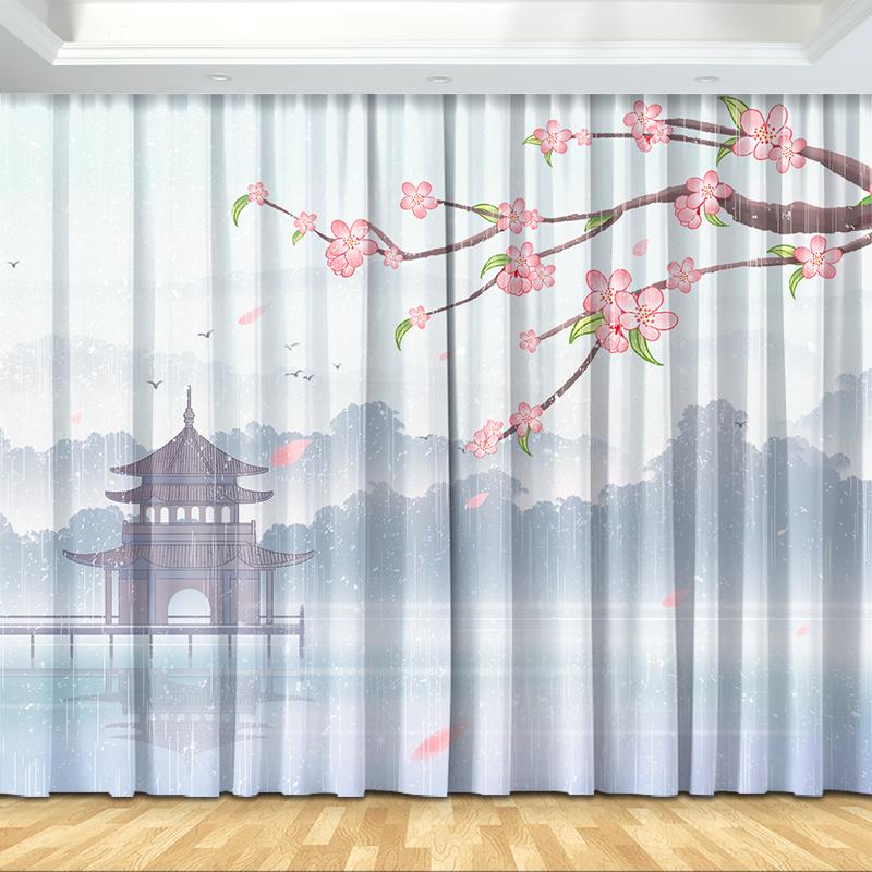 Новая китайская занавеска Японский пейзаж Полутеневая занавеска Печатный крючок для штор Спальня Гостиная Кухня Пол Окно Занавеска