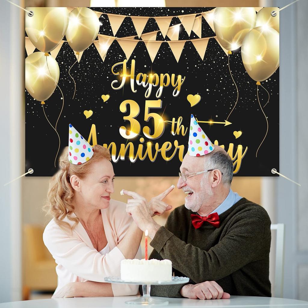 HAMIGAR 6x4ft Happy 35th Anniversary Banner Backdrop - 5.9 x 3.9 foot, Gold