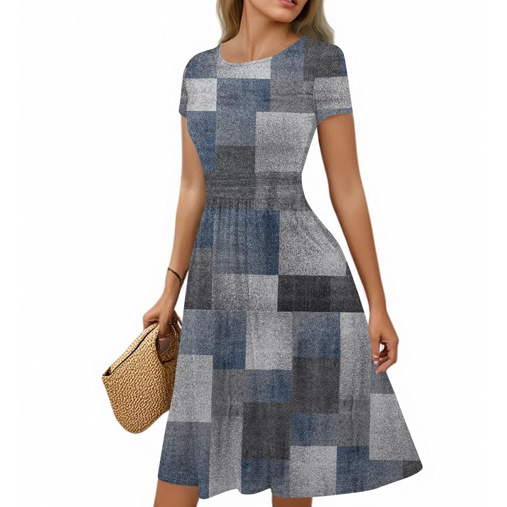 Женское повседневное модное платье миди А-силуэта с круглым вырезом, плиссированными короткими рукавами и ретро-цветочным принтом