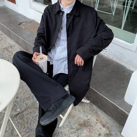 Мужская ветровка, пальто с лацканами, длинный рукав, двубортный тренчкот с карманами, однотонный, свободный крой, повседневная верхняя одежда средней длины