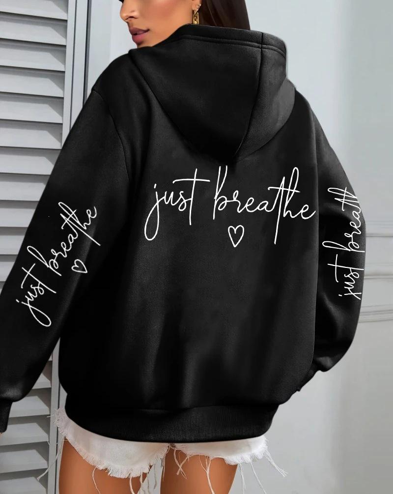 Женская повседневная толстовка с капюшоном и карманами 'Just Breathe Love' из флиса