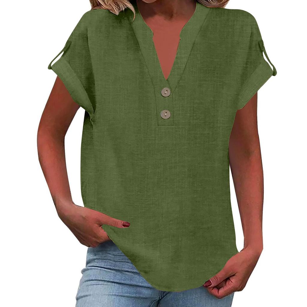 Women's Fashion Casual Solid Colour V-Neck Short Sleeve Button Down Shirt T-Shirt Top