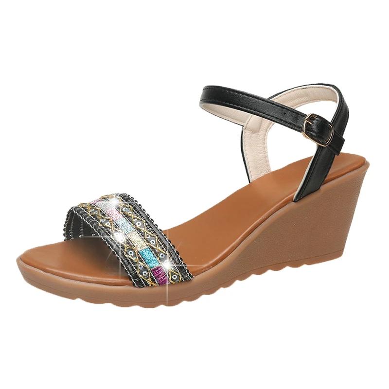 Women's  Summer Fashion Wedge Heel Sandals Crystal Buckle Strap Dress Sandals Classic Plus Size Ladies Shoes for Daily