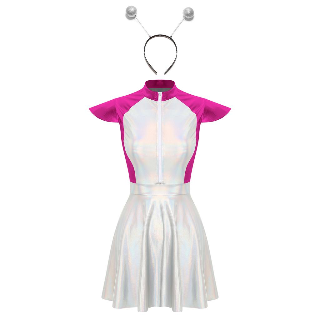 Womens Space Alien Costume Cap Sleeve Cutie Design Outer Space Theme Dress and Hair Hoop