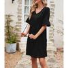 Women's Fashionable And Casual Flared Sleeve V-neck Solid Color Loose Dress