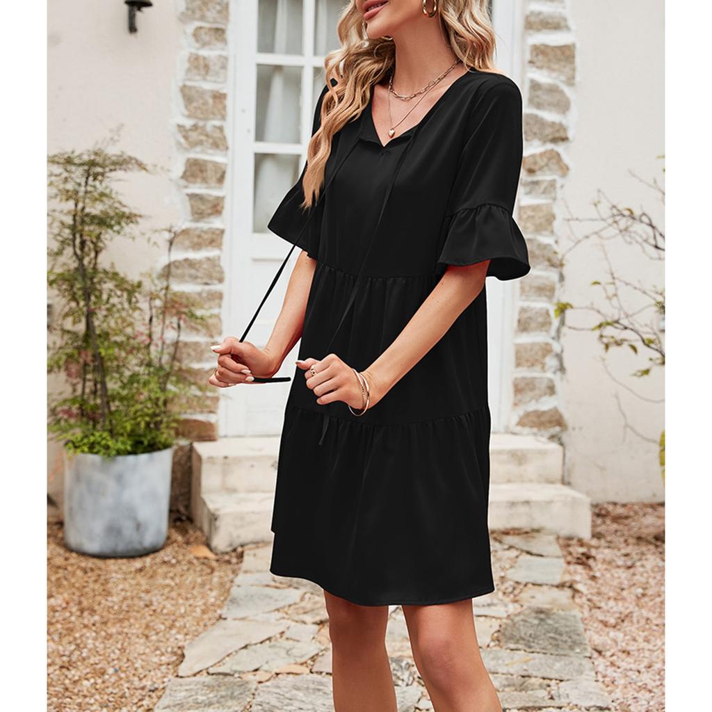 Women's Fashionable And Casual Flared Sleeve V-neck Solid Color Loose Dress