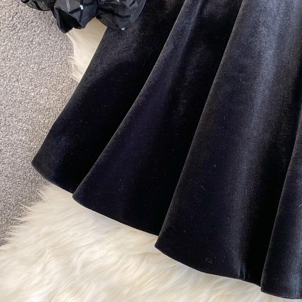 Осенне-зимняя французская ретро-темпераментная бархатная юбка с квадратным воротником и марлевыми рукавами, тонкая бархатная юбка с талией