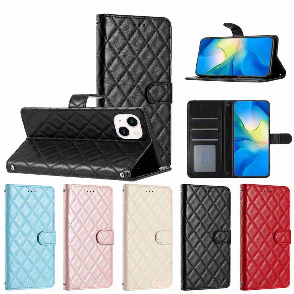 Quilted Pattern Faux Leather Wallet Case for iPhone 7 8 XS 11 12 13 14 15 16 17 Series, 360° Protection with Card Slots & Stand