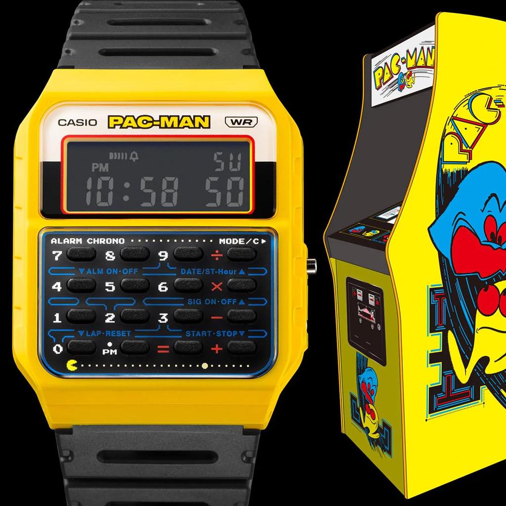 Casio Digital Watch with Collaboration Model Biomass Resin Yellow X Overseas Model 8-Digit Calculator, PAC-MAN CA-53WPC-1B, Band, Unisex, Black,