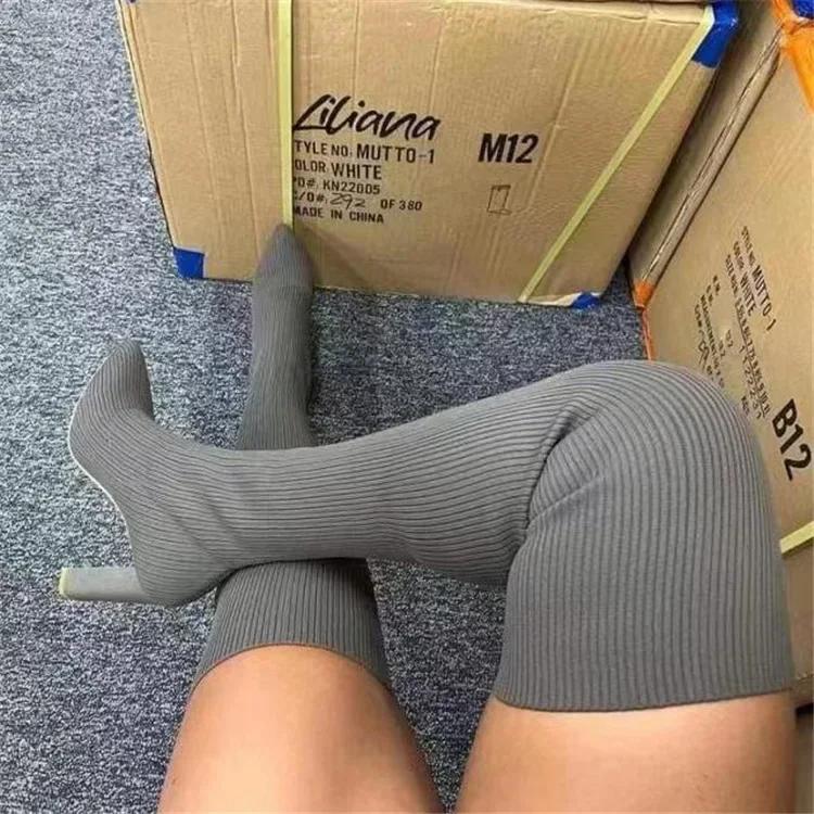 Сексуальные тонкие эластичные сапоги выше колена коричневые фиолетовые с острым носком на высоком каблуке женские туфли вязаные тонкие носки сапоги большие