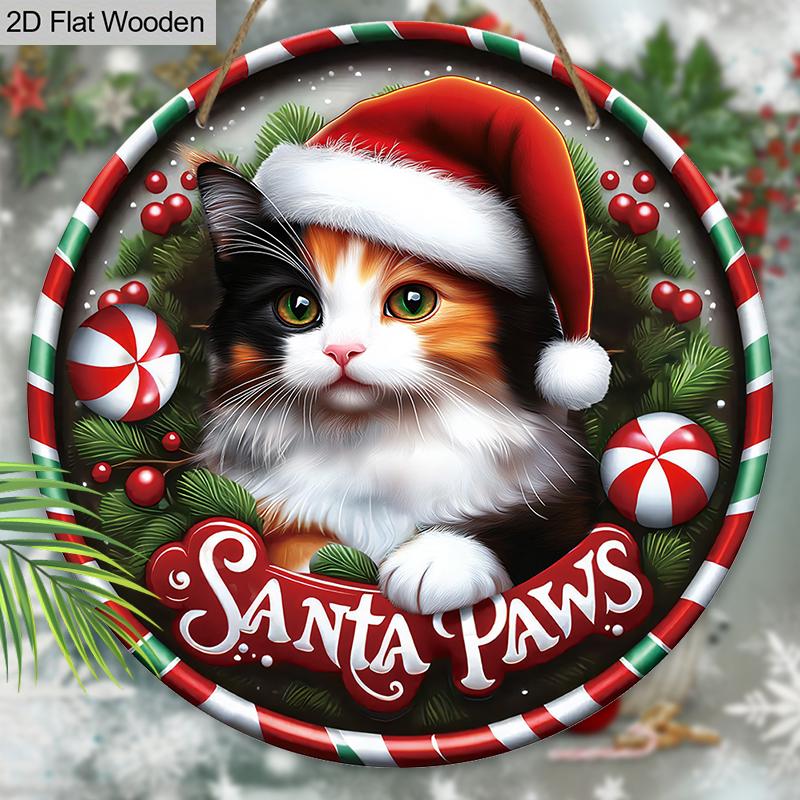 Christmas Wooden Sign with Cat & Santa Paws - Navidad Round Sign for Front Door, Wall Hanging Decor - Ideal Christmas Gift