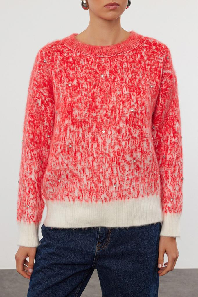 Женский свитер в элегантном стиле, красный вязаный свитер с мягкой текстурой и рисунком