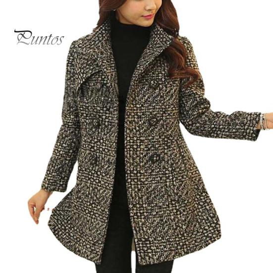 Midi Length Women Winter Coat Thick Plaid Print Double-breasted Turn-down Collar Overcoat Keep Warm Buttons Long Sleeves Mother for Work
