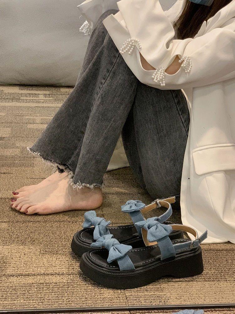 Thick-soled One-word Sandals Fairy Fairy Summer 2025 New Versatile Fairy Bow Non-slip Beach Shoes