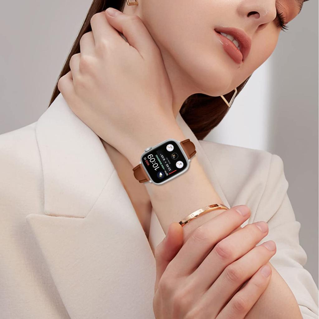 Watch Band For Apple Watch Series 11 10 42mm/9 8 7 41mm/SE3 SE2 SE 6 5 4 40mm/3 2 1 38mm Slim Genuine Cow Leather Strap with Silver Buckle