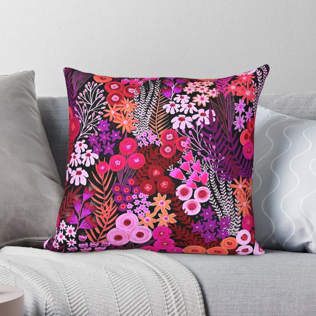 Pink Purple Flower Meadow Square Pillowcase Polyester Linen Velvet Creative Zip Decor Throw Pillow Case Car Cushion Cover
