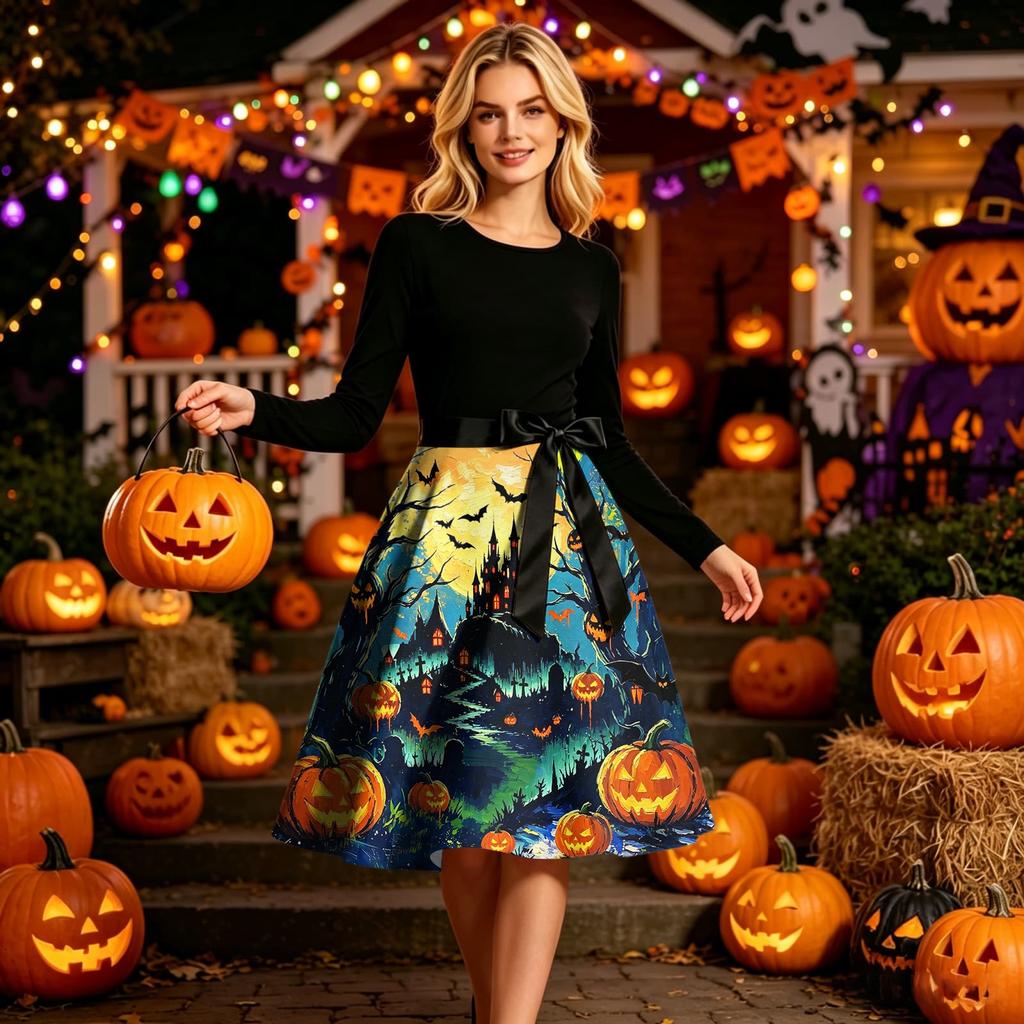 Women Round Neck Halloween Print Dress Long Sleeve Casual Style A Line Dress with Waist Tie for Holiday Party