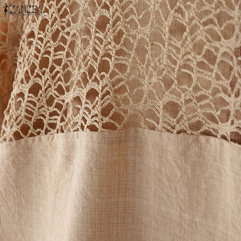 ZANZEA Женская блузка с круглым вырезом, повседневная, с рукавами 3/4 и ажурной вставкой