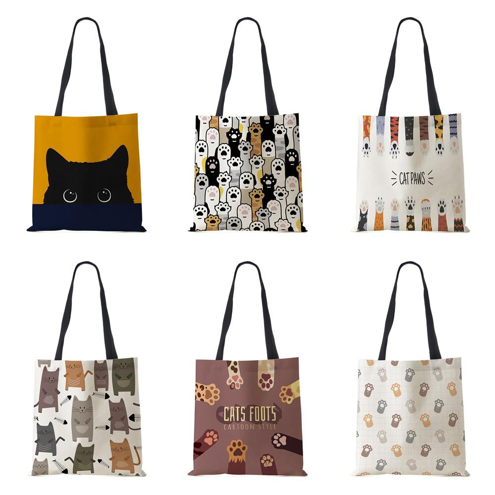 Cat Cartoon Shoulder Bag Reusable Shopper Kawaii Canvas Tote Bag Women Haajuku High Capacity Casual Folding Handbag
