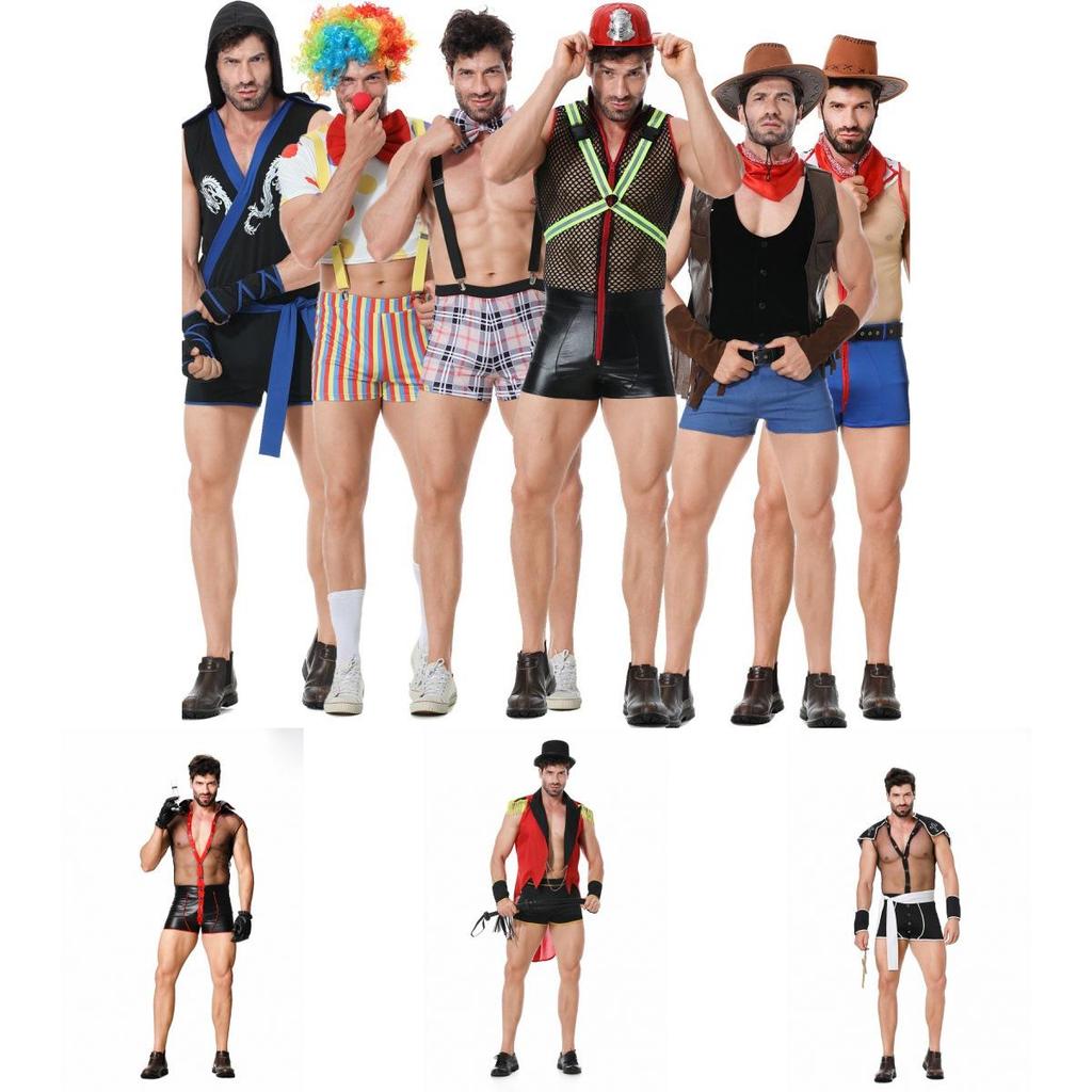 Мужской костюм на тему пожарного с яркими цветами и из полиэстеровой ткани