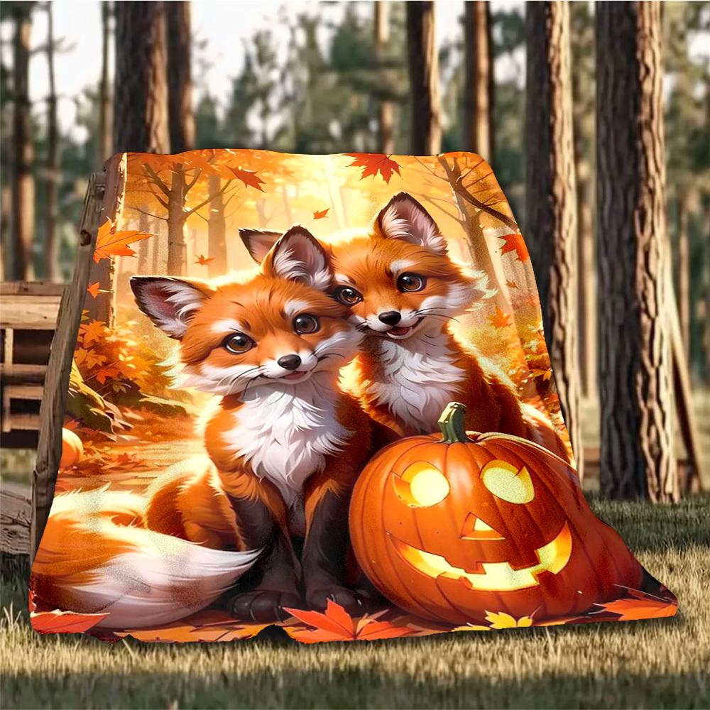 1pc Autumn Foxes Pumpkin Throw Blanket Polyester Fiber, Lightweight Flannel, Soft & Warm, All Season Use for Outdoor, Camping Digital Print