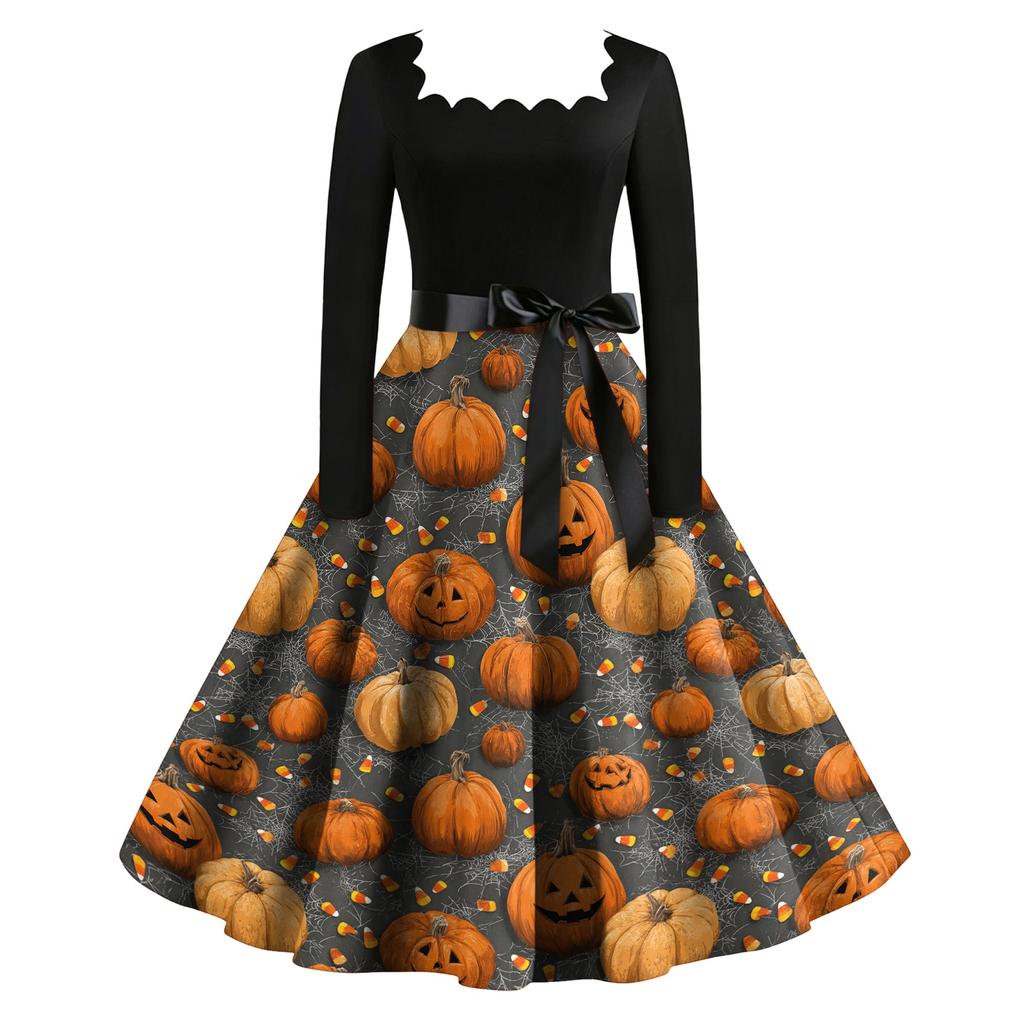 Women's Vintage Long Sleeve Square Neck Dress Halloween Skeleton Print Party Dress Retro Style Full Skirt with Waist Tie Belt