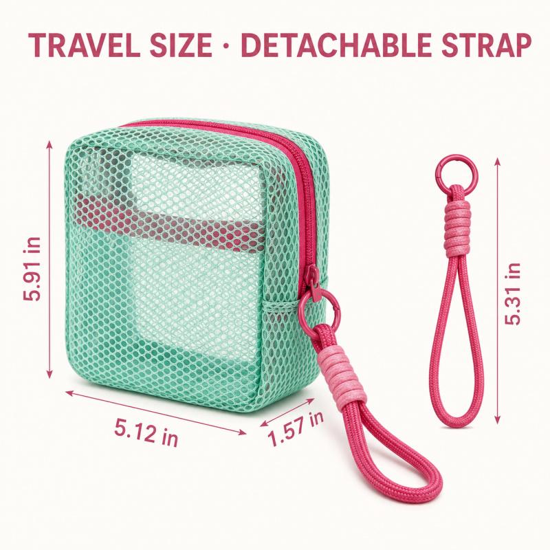Small Mesh Beach Pouch Clear Cosmetic Bag with Detachable Wrist Strap Travel Organizer for Sunscreen Keys Cables