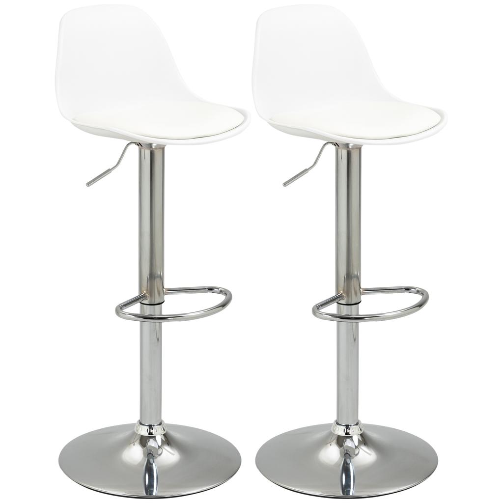 Bar stools, set of 2, backrest, footrest, adjustable height, 41 x 42 x 82-104 cm, white