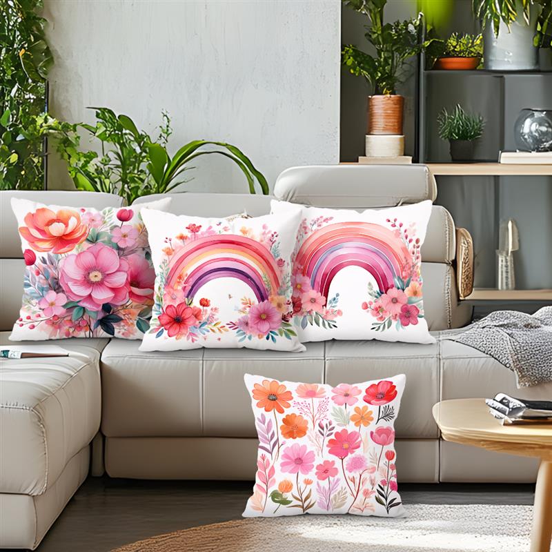 Pink Watercolor Flower Double-Sided Printed Pillow Cover Short Plush Suitable Living Rooms Bedrooms Sofas Throw Cushion Cover