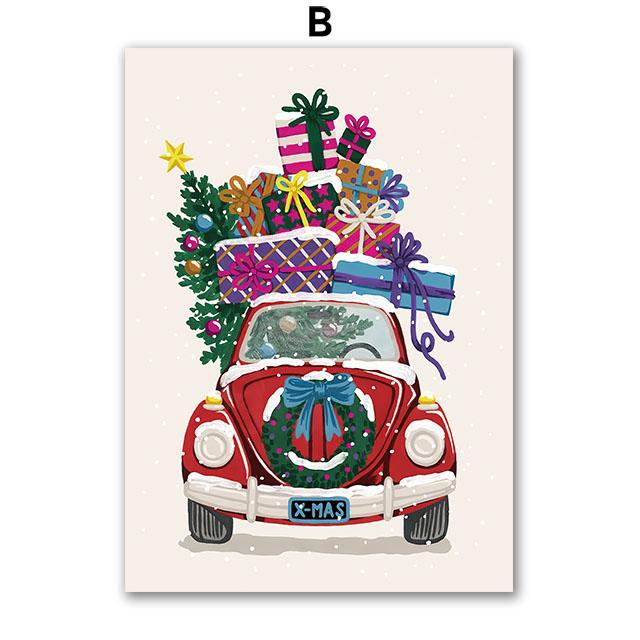 Рождественская елка Девочка Санта Клаус Машина Подарок Вечеринка Настенное искусство Холст Живопись Скандинавские постеры Принты Картина для гостиной Домашний декор